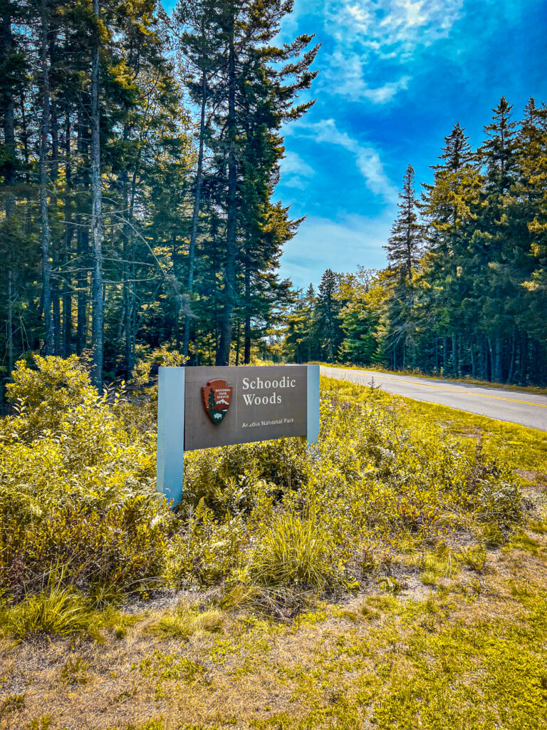 Sign for Schoodic Woods Campground at Acadia National Park